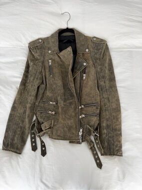Women’s Distressed Taupe Leather Biker Jacket
